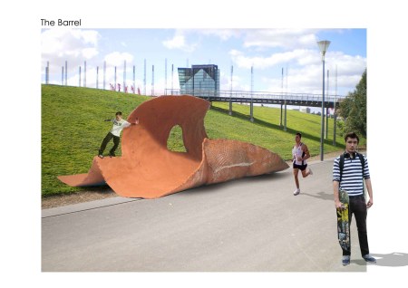 Front view of the barrel wave at Birrarung Marr